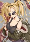  artist_name bare_shoulders belt blonde_hair blue_eyes breasts cleavage coat granblue_fantasy hairband highres hoshimiya_mashiro large_breasts long_hair looking_at_viewer smile solo sunglasses tank_top twintails zeta_(granblue_fantasy) 