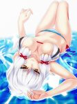  bikini breasts cleavage hakkai highres kantai_collection large_breasts long_hair looking_at_viewer lying murakumo_(kantai_collection) navel older on_back orange_eyes shochuumimai smile solo swimsuit white_hair 