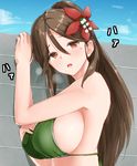  amagi_(kantai_collection) ame-rain bikini blush breasts brick_wall brown_eyes brown_hair day flower green_bikini hair_flower hair_ornament hand_on_own_chest hand_on_wall heart heart-shaped_pupils heavy_breathing highres kantai_collection large_breasts long_hair looking_at_viewer mole mole_under_eye outdoors parted_lips ponytail sideboob swimsuit symbol-shaped_pupils translated upper_body wall 