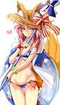  animal_ears between_breasts bikini blue_bikini breasts cleavage ears_through_headwear fate/grand_order fate_(series) fox_ears fox_tail hat heart highres large_breasts long_hair looking_at_viewer navel parasol pink_hair simple_background solo swimsuit tail tamamo_(fate)_(all) tamamo_no_mae_(fate) tamamo_no_mae_(swimsuit_lancer)_(fate) umbrella white_background yellow_eyes yuchio 