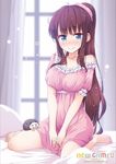  bangs barefoot bed blue_eyes breasts brown_hair jpeg_artifacts long_hair looking_at_viewer medium_breasts new_game! official_art ponytail sitting smile soujirou_(new_game!) takimoto_hifumi tokunou_shoutarou 