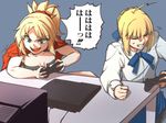  &gt;:) ahoge angry artoria_pendragon_(all) bandeau blonde_hair blue_skirt bow clenched_hand clenched_teeth closed_eyes controller fang fate/apocrypha fate/stay_night fate_(series) flying_sweatdrops game_console green_eyes hair_bow jacket_on_shoulders long_hair monitor mordred_(fate) mordred_(fate)_(all) multiple_girls open_mouth parody playstation playstation_3 ponytail saber seiza shirt sitting skirt smile sweatdrop table teeth translated v-shaped_eyebrows white_shirt yamany 