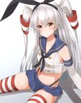  amatsukaze_(kantai_collection) animal_ears bare_shoulders black_panties blue_skirt blush breasts brown_eyes bunny_ears buttons closed_mouth collarbone cosplay elbow_gloves gloves gradient gradient_background hair_between_eyes hair_ribbon hair_tubes hechi_(hechi322) kantai_collection long_hair looking_at_viewer miniskirt navel panties pleated_skirt ribbon sailor_collar shimakaze_(kantai_collection) shimakaze_(kantai_collection)_(cosplay) silver_hair sitting skirt small_breasts solo striped striped_legwear thighhighs thong two_side_up underwear white_gloves 