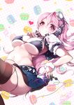  absurdres bikini_top blush breasts cleavage commentary_request headphones heart heart-shaped_pupils highres kanola_u large_breasts long_hair looking_at_viewer microphone midriff nitroplus open_mouth pink_eyes pink_hair skindentation solo super_sonico symbol-shaped_pupils thighhighs vintage_microphone 
