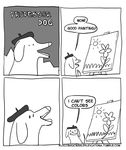  2015 absurd_res ambiguous_gender black_and_white canine comic dialogue dog easel english_text feral floccinaucinihilipilification flower grass hat hi_res humor mammal monochrome plant solo speech_bubble sun text 