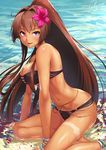  ahoge anklet arm_support artist_name beach belly_chain between_legs bikini black_bikini blush bracelet breasts brown_hair closed_mouth day flower hair_flower hair_intakes hair_ornament hand_between_legs jewelry kantai_collection kneeling large_breasts long_hair looking_at_viewer navel open_mouth outdoors partially_submerged ponytail purple_eyes sakiyamama smile solo strapless strapless_bikini swimsuit tan tanline very_long_hair water yamato_(kantai_collection) 