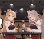  :d alcohol ascot black_corset black_legwear blonde_hair bottle braid brown_eyes brown_hair corset cup drinking_glass french_braid hat indoors kantai_collection kawashina_(momen_silicon) long_hair long_sleeves looking_at_viewer menu mini_hat multiple_girls open_mouth pola_(kantai_collection) red_neckwear red_skirt shirt sitting skirt smile table white_hat white_legwear white_shirt wine wine_bottle wine_glass zara_(kantai_collection) 