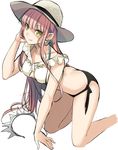  adjusting_hair bent_over black_bikini_bottom butt_crack casual center_opening closed_mouth collarbone earrings fate/grand_order fate_(series) fedora frills hair_ornament_removed hairband hat highres jewelry long_hair medb_(fate)_(all) medb_(fate/grand_order) pink_hair shimo_(s_kaminaka) solo white_background yellow_eyes 