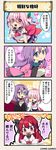  4koma anemone_(flower_knight_girl) baby black_bow blue_eyes bow cattleya_(flower_knight_girl) check_translation comic commentary_request cyclamen_(flower_knight_girl) flower_knight_girl hair_bow long_hair multiple_girls pacifier pink_bow pink_eyes pink_hair purple_eyes purple_hair red_hair short_hair smile translation_request younger 
