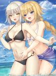  :d ahoge bare_shoulders bikini black_bikini blonde_hair blue_eyes blue_sky braid breasts brown_eyes cleavage cloud cloudy_sky contrapposto cowboy_shot day eyebrows_visible_through_hair fate/grand_order fate_(series) front-tie_bikini front-tie_top halterneck highres jeanne_d'arc_(alter)_(fate) jeanne_d'arc_(fate) jeanne_d'arc_(fate)_(all) large_breasts long_hair mashu_003 multiple_girls navel o-ring o-ring_bottom o-ring_top open_mouth outdoors sarong short_hair silver_hair sky smile standing swimsuit wading 