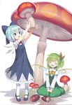  :o ^_^ ^o^ absurdres acorn adapted_costume alternate_costume bangs blue_bow blue_dress blue_eyes blue_hair blush bow bowtie capriccio cirno closed_eyes daiyousei dress eyebrows_visible_through_hair fairy_wings frills giant_mushroom green_hair green_skirt green_vest hair_between_eyes hair_ribbon happy head_tilt highres holding holding_mushroom ice ice_wings kneehighs long_sleeves mary_janes multiple_girls mushroom on_ground open_mouth outstretched_arms puffy_long_sleeves puffy_sleeves red_ribbon ribbon scan shoes short_hair short_sleeves simple_background sitting skirt source_request tiptoes touhou vest white_background white_legwear wings yellow_bow yellow_neckwear yellow_ribbon 