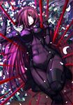  bangs bodysuit breasts commentary_request covered_navel emanon123 fate/grand_order fate_(series) gae_bolg hair_intakes long_hair looking_at_viewer lying medium_breasts on_back parted_lips pauldrons polearm purple_bodysuit purple_hair red_eyes scathach_(fate)_(all) scathach_(fate/grand_order) solo spear very_long_hair weapon 