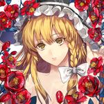  bangs black_hat blonde_hair bow braid breasts camellia cleavage commentary_request eyebrows eyebrows_visible_through_hair flower frilled_hat frills hair_bow hand_on_headwear hat hat_bow hat_ribbon highres kirisame_marisa long_hair looking_at_viewer nude parted_lips red_flower ribbon side_braid sidelocks single_braid small_breasts solo tcb touhou upper_body water_drop white_bow white_ribbon witch_hat yellow_eyes 