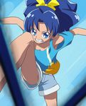  armpits blue_eyes blue_hair clenched_teeth fang hair_ribbon haruyama_kazunori kicking kirakira_precure_a_la_mode leg_up panties pantyshot pantyshot_(kicking) ponytail precure ribbon short_hair shorts solo tategami_aoi teeth underwear upshorts white_panties yellow_ribbon 