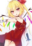  absurdres alternate_costume ashisi bare_shoulders blonde_hair blush bow choker dress fang flandre_scarlet gem hair_bow highres long_hair looking_at_viewer nail_polish open_mouth red_bow red_dress red_eyes red_nails side_ponytail solo touhou very_long_hair wings 