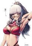  adjusting_hair armpits artist_name ascot bangs bikini blunt_bangs breasts carmilla_(fate/grand_order) cleavage curly_hair fate/grand_order fate_(series) fingernails hairband highres itaco1987 large_breasts long_fingernails long_hair looking_at_viewer open_mouth ponytail silver_hair solo spiked_hairband spikes stomach summertime_mistress_(fate/grand_order) sunglasses sweat swimsuit upper_body white_background yellow_eyes 