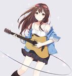  blush breasts brown_eyes brown_hair eyewear_on_head guitar highres instrument jacket levi9452 long_hair original simple_background sleeves_folded_up small_breasts smile solo sunglasses wire 