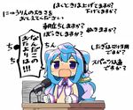  blue_hair blush gloves hacka_doll hacka_doll_3 headphones kanikama long_hair male_focus microphone nose_blush open_mouth otoko_no_ko partially_translated purple_eyes simple_background speech_bubble translation_request wavy_mouth white_background white_gloves 