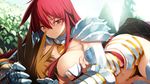  1girl armor balin_(eiyuu_senki) breast_grab breast_smother breasts brown_hair eiyuu_senki game_cg gauntlets grabbing hands_on_another's_head jewelry large_breasts long_hair looking_at_another lying navel necklace on_side ooyari_ashito red_eyes red_hair shoulder_armor shujinkou_(eiyuu_senki) smile solo_focus spiked_hair 