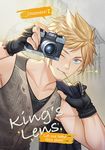  blue_eyes camera facial_hair final_fantasy final_fantasy_xv fingerless_gloves ginmu gloves goatee jacket_over_shoulder looking_at_viewer male_focus one_eye_closed prompto_argentum sleeveless smile solo spiked_hair straw_(stalk) upper_body 