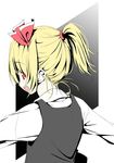  :d alternate_hairstyle bangs blonde_hair bow eyebrows_visible_through_hair from_behind hair_bow looking_at_viewer looking_back multicolored multicolored_background nirap open_mouth profile red_bow red_eyes red_hair rumia shirt short_ponytail sleeveless smile solo touhou two-tone_background upper_body white_shirt yellow_eyes 