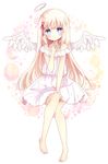  :o angel_wings bare_arms bare_legs barefoot blonde_hair blue_eyes blush crescent dress eyebrows_visible_through_hair feathered_wings finger_to_chin full_body hair_ribbon halo hand_on_lap head_tilt highres long_hair looking_at_viewer off-shoulder_dress off_shoulder original parted_lips pink_ribbon ribbon sitting sleeveless sleeveless_dress solo star tsukiyo_(skymint) white_dress white_wings wings 