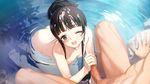  1girl ;d ass bangs barefoot blunt_bangs blush breasts brown_hair censored cum cum_on_hair eiyuu_senki ejaculation facial facial_hair game_cg handjob happy_facial hetero himiko_(eiyuu_senki) kneeling mixed_bathing mosaic_censoring nipples nude one_eye_closed onsen ooyari_ashito open_mouth penis ripples small_breasts smile solo_focus wet yellow_eyes 