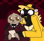  :| alternate_species anthro bear big_breasts black_fur blonde_hair blush breasts brown_eyes brown_fur cleavage clipboard clothed clothing crossgender duo eye_contact female five_nights_at_freddy&#039;s five_nights_at_freddy&#039;s_2 five_nights_at_freddy&#039;s_4 fur furrification hair hand_on_shoulder hat lipstick long_hair makeup male mammal nervous nightmare_(fnaf) pointing red_eyes size_difference smile suit sweat the_weaver toy_freddy_(fnaf) video_games 