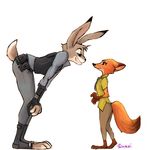  2016 anthro barefoot bent_over canine clothed clothing crossgender digital_media_(artwork) dipstick_tail disney duo female fox fully_clothed fur gloves_(marking) grey_fur grin happy hi_res humor judy_hopps lagomorph larger_male male mammal markings multicolored_fur multicolored_tail necktie nervous nick_wilde orange_fur pants police_uniform rabbit role_reversal shirt side_view simple_background sirmei size_difference smaller_female smile smug socks_(marking) uniform white_background zootopia 