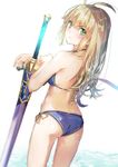  :/ alternate_hairstyle artoria_pendragon_(all) ass bikini blonde_hair blue_bikini blurry commentary_request depth_of_field excalibur fate/stay_night fate_(series) from_behind green_eyes long_hair looking_at_viewer looking_back md5_mismatch saber side-tie_bikini solo swimsuit v-shaped_eyebrows yuugen 