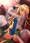  1boy 1girl arm_grab bad_id bad_pixiv_id blonde_hair blue_eyes blush boots breasts censored clenched_teeth covered_navel cum cum_in_pussy dress dress_lift eyebrows_visible_through_hair frilled_sleeves frills gem goblin_slayer! green_skin hetero highres long_hair looking_at_viewer lying medium_breasts mosaic_censoring on_back on_floor orc penis priestess_(goblin_slayer!) pussy rock sex solo_focus spread_legs sweat tears teeth thigh_boots thighhighs vaginal 