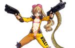  armor billy_the_kid_(eiyuu_senki) blonde_hair blue_eyes bodysuit bra collarbone cowboy_shot eiyuu_senki flat_chest gun hair_ribbon long_hair looking_at_viewer navel ooyari_ashito open_clothes panties panty_peek ponytail ribbon shoulder_armor smile solo transparent_background underwear weapon 