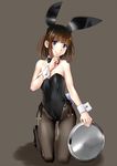  animal_ears ass_visible_through_thighs bangs bare_shoulders black_legwear blue_eyes blunt_bangs blush bow bowtie breasts brown_hair bunny_ears bunny_girl bunny_tail bunnysuit cleavage closed_mouth detached_collar eyebrows_visible_through_hair fake_animal_ears full_body hairband hand_to_own_mouth high_heels katahira_masashi kneeling leotard looking_at_viewer medium_breasts medium_hair original pantyhose short_hair side-tie_leotard simple_background smile solo tail tray wrist_cuffs 