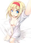  absurdres alice_margatroid arm_up bangs bare_legs barefoot bed between_legs blonde_hair blue_eyes blush breasts eyebrows_visible_through_hair hair_between_eyes hairband hand_between_legs highres hood hoodie looking_at_viewer medium_breasts naked_hoodie nipples nirap no_bra no_pants open_clothes open_mouth open_shirt red_hairband shirt short_hair short_sleeves simple_background sitting smile solo touhou white_background 