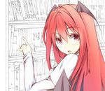  bangs black_wings blush book commentary_request eyebrows_visible_through_hair fang from_behind hair_between_eyes head_wings juliet_sleeves koakuma long_hair long_sleeves looking_at_viewer looking_back nirap open_mouth partially_colored puffy_sleeves red_eyes red_hair shelf solo touhou upper_body wings 