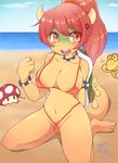  2017 angry anthro bangs beach big_breasts bikini bowser bracelet breasts clothed clothing collar crossgender eyebrows female front_view green_body hair hair_between_eyes hair_tie horn jewelry kneeling koopa long_hair looking_aside mario_bros mondoro navel nintendo nipple_bulge open_mouth outside ponytail red_eyes red_hair scalie seaside shell signature skimpy solo spiked_collar spikes swimsuit tan_body video_games 