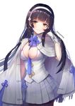  bangs between_breasts black_hair black_legwear blush breasts brown_eyes capelet closed_mouth commentary_request cowboy_shot eyebrows_visible_through_hair flower girls_frontline gloves hair_flower hair_ornament hairband hanato_(seonoaiko) hand_in_hair hand_up large_breasts light_smile long_hair pantyhose pleated_skirt qbz-95_(girls_frontline) simple_background skirt smile solo tsurime twitter_username white_background white_flower white_gloves white_skirt 
