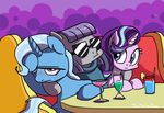  2017 abstract_background beverage clothed clothing earth_pony equine eyewear female feral foudubulbe friendship_is_magic group hair half-closed_eyes horn horse mammal maud_pie_(mlp) multicolored_hair my_little_pony pony purple_eyes smile starlight_glimmer_(mlp) sunglasses table trixie_(mlp) two_tone_hair unicorn 