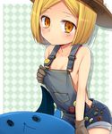  babe_(fate) badge bangs blonde_hair button_badge checkered checkered_background commentary_request fate/grand_order fate_(series) gloves hat looking_at_viewer marimo_danshaku naked_overalls no_legwear overalls parted_bangs paul_bunyan_(fate/grand_order) short_hair solo yellow_eyes 