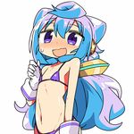  bikini blue_hair blush commentary_request gloves hacka_doll hacka_doll_3 hair_ornament kanikama long_hair lowres male_focus navel open_mouth otoko_no_ko purple_eyes simple_background solo sweatdrop swimsuit upper_body white_background white_gloves 