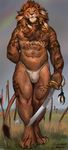  2017 4_toes abs anthro areola axe biceps brown_eyes brown_hair brown_skin brown_tail clothed clothing feline front_view hair hand_behind_back hindpaw holding_object lion long_tail looking_at_viewer looking_down male mammal markings melee_weapon muscular muscular_male navel negger nipples outside partially_clothed paws pecs pink_nipples pink_nose polearm pose simple_background solo spear standing sword symbol tacklebox tail_tuft tattoo teeth thick_thighs thong toes tuft underwear weapon white_bottomwear white_underwear 