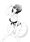  ball bare_arms bare_legs bare_shoulders barefoot bikini breasts cleavage eating exercise_ball food girls_und_panzer greyscale highres holding large_breasts looking_at_viewer messy monochrome nishizumi_maho pilky popsicle sexually_suggestive simple_background sitting solo swimsuit white_background 