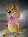  ambiguous_gender anthro bed canine clothed clothing diaper dog english_text mammal plinkiepoi pomeranian solo text tired urine watersports wet_diaper 