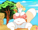  &lt;3 anthro belly big_belly big_breasts blush_sticker breasts canine eyes_closed female fox grin hat hay heid&iacute;&iacute; huge_breasts mammal overweight overweight_female ryarik smile solo thick_thighs tied_shirt tree 