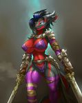  anthro armor big_breasts breasts camel_toe clothing dragon female g-string hair horn link2004 looking_at_viewer melee_weapon nipple_bulge pussy smile solo standing sword thick_thighs tight_clothing underwear weapon wide_hips 