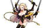  bare_shoulders blonde_hair blue_eyes breasts choker cleavage collarbone cowboy_shot eiyuu_senki gilgamesh_(eiyuu_senki) holding holding_sword holding_weapon large_breasts leotard long_hair looking_at_viewer mechanical_arm multiple_arms ooyari_ashito solo sword thighhighs tongue tongue_out transparent_background weapon whip_sword 