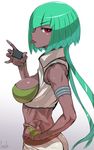  :p armlet back bangs bare_shoulders blunt_bangs bob_cut bracelet breasts cleavage cowboy_shot crop_top dark_skin emerald_sustrai eyebrows_visible_through_hair from_side green_hair hand_on_hip highres holding_lighter jewelry kuroino_(0kuro8ino6) lighter long_hair looking_at_viewer looking_back medium_breasts midriff navel pants red_eyes rwby short_hair_with_long_locks simple_background sleeveless solo stomach toned tongue tongue_out white_background white_pants 