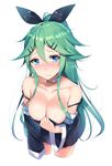  bad_id bad_twitter_id bare_shoulders blue_eyes blush bow breasts choker cleavage closed_mouth collarbone cowboy_shot cropped_legs detached_sleeves embarrassed green_hair hair_between_eyes hair_bow hair_ornament hairclip highres inactive_account kantai_collection large_breasts leaning_forward long_hair looking_at_viewer orihi_chihiro pleated_skirt ponytail sidelocks simple_background skirt solo strap_slip tears wavy_mouth white_background yamakaze_(kantai_collection) 