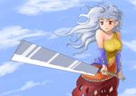  arm_warmers bare_shoulders blue_sky breasts cloud day dress fantuan_xie hair_blowing hatchet layered_dress long_hair looking_to_the_side medium_breasts oriental_hatchet outdoors red_eyes sakata_nemuno silver_hair sky sleeveless sleeveless_dress smirk solo sunrise_stance touhou weapon wind 