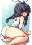  alternate_hairstyle arm_support ass bangs bespectacled black_hair braid brown_eyes from_behind girls_und_panzer glasses green-framed_eyewear hair_ribbon long_hair looking_at_viewer looking_back lying on_side one-piece_swimsuit outside_border parted_lips reizei_mako ribbon school_swimsuit semi-rimless_eyewear shadow shinshin sketch solo swimsuit twin_braids under-rim_eyewear white_ribbon white_school_swimsuit white_swimsuit 